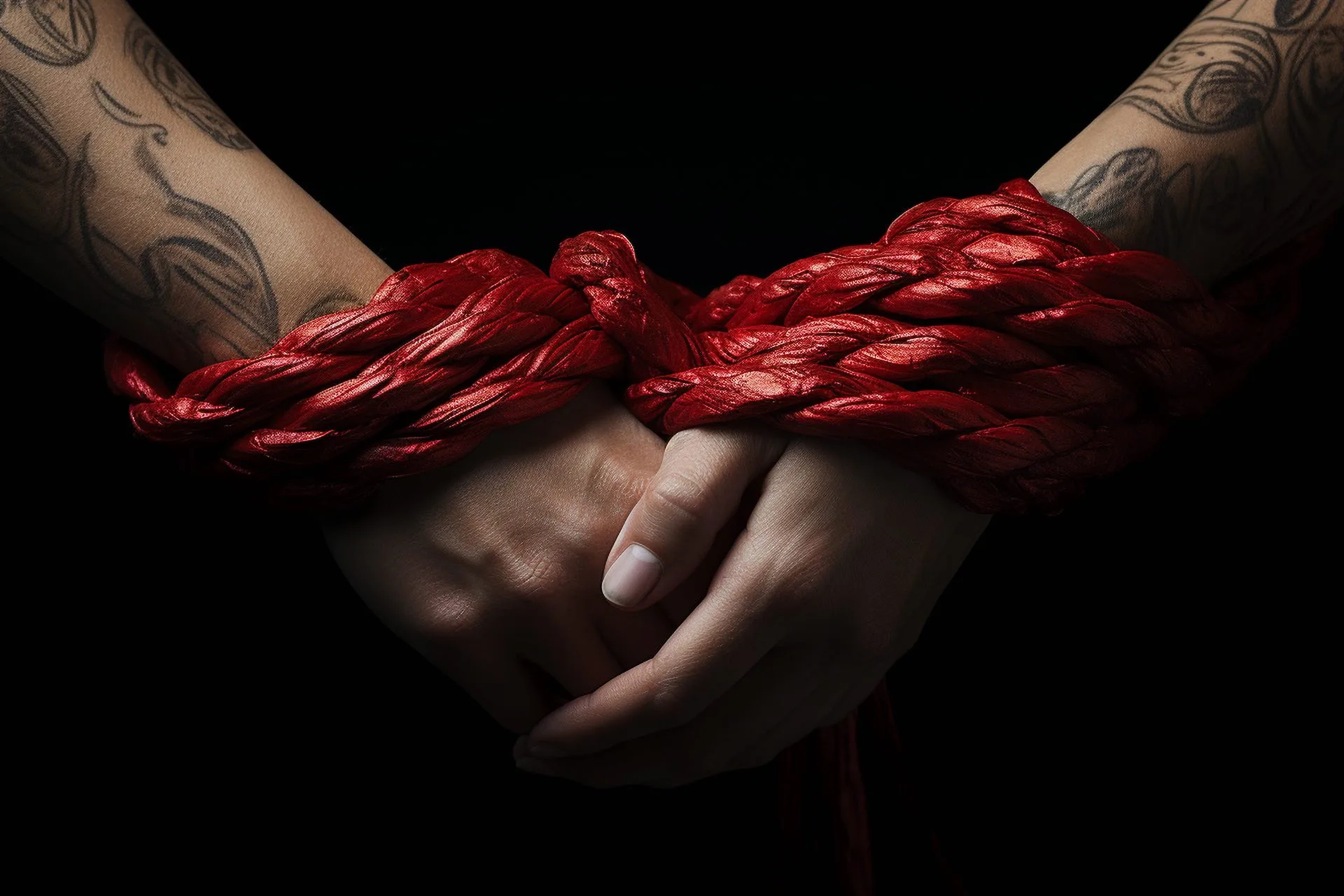 Hands clasped and tied with red rope showing being trapped. chronic pain management. Thoughts Matter Beverly Chappell